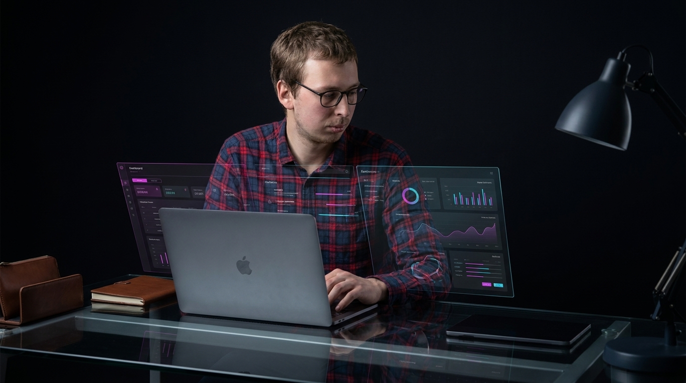 Un membre de l’équipe Webpulser au travail, avec une mise en scène numérique